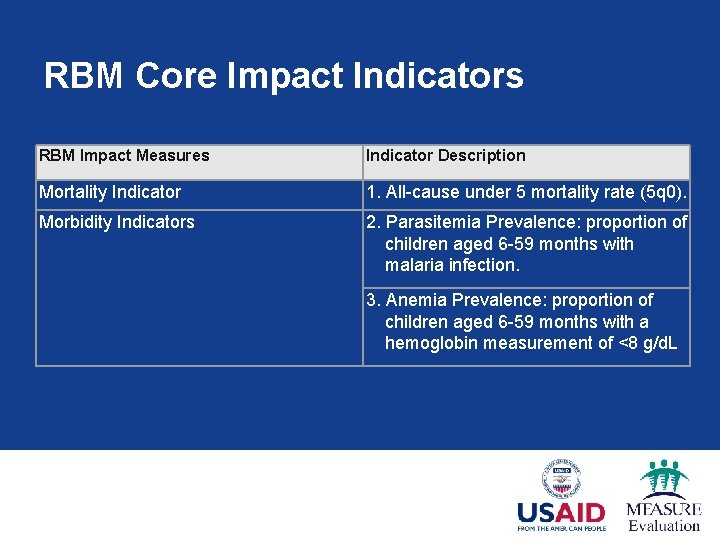 RBM Core Impact Indicators RBM Impact Measures Indicator Description Mortality Indicator 1. All-cause under