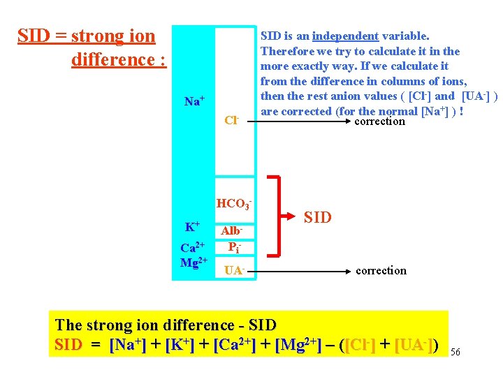 SID = strong ion difference : Na+ Cl- HCO 3 K+ Alb- Ca 2+