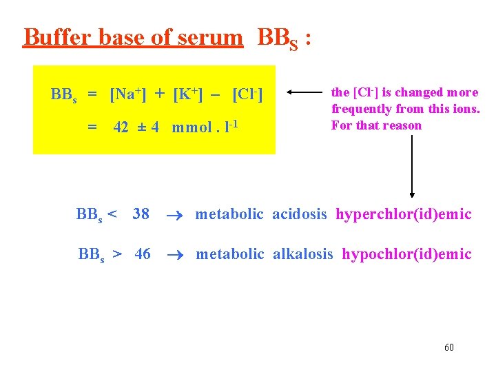 Buffer base of serum BBS : BBs = [Na+] + [K+] – [Cl-] =