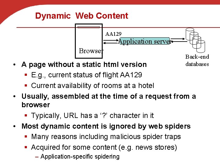 Dynamic Web Content AA 129 Application server Browser Back-end databases • A page without