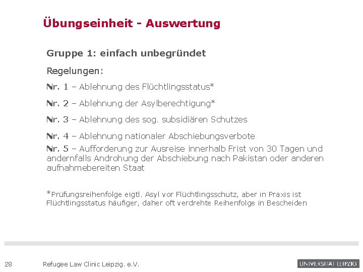 Übungseinheit - Auswertung Gruppe 1: einfach unbegründet Regelungen: Nr. 1 – Ablehnung des Flüchtlingsstatus*