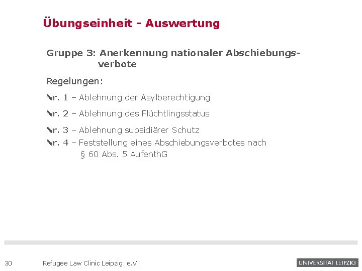 Übungseinheit - Auswertung Gruppe 3: Anerkennung nationaler Abschiebungsverbote Regelungen: Nr. 1 – Ablehnung der