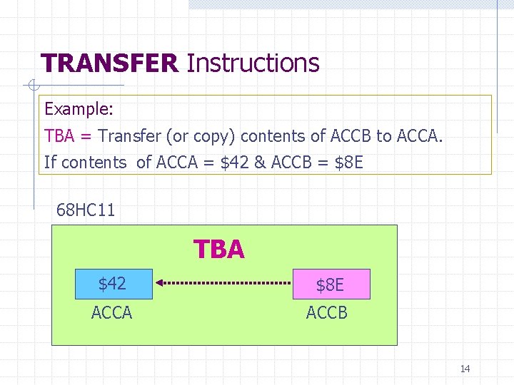 TRANSFER Instructions Example: TBA = Transfer (or copy) contents of ACCB to ACCA. If