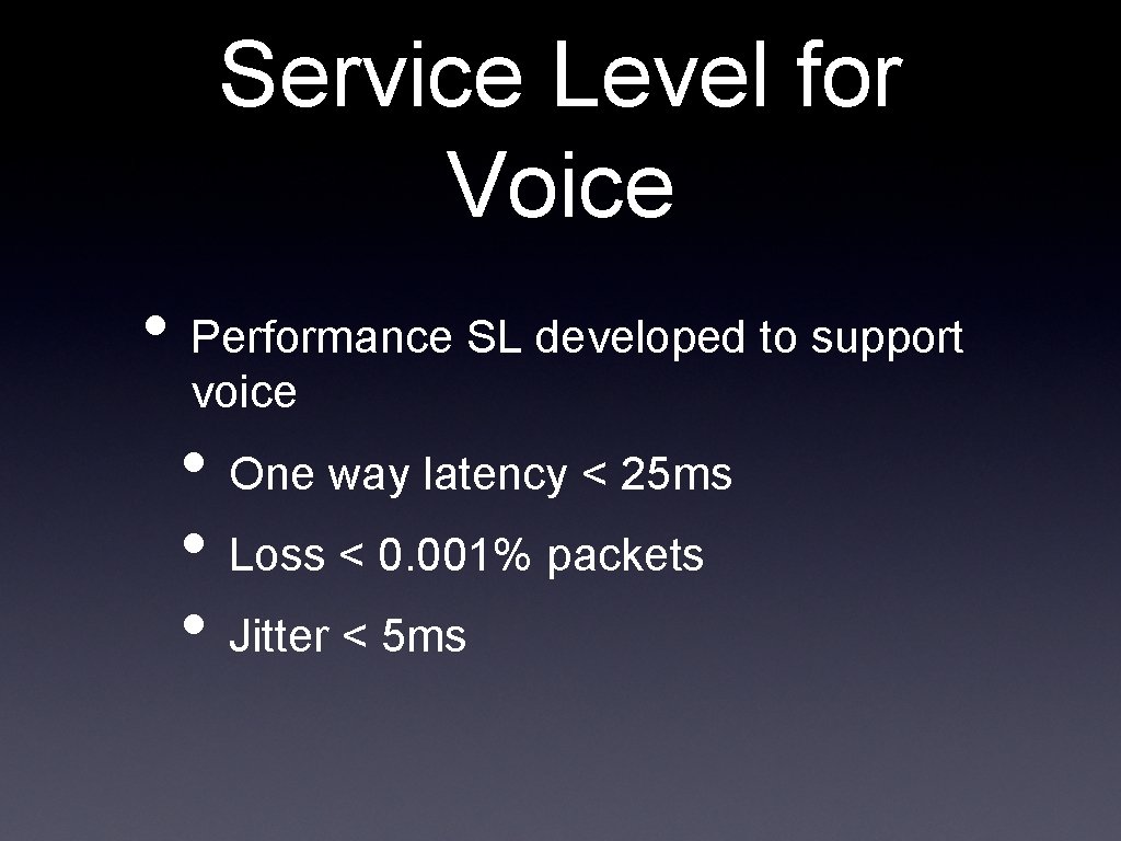 Service Level for Voice • Performance SL developed to support voice • One way