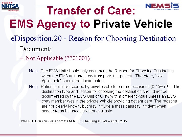 Transfer of Care: EMS Agency to Private Vehicle e. Disposition. 20 - Reason for