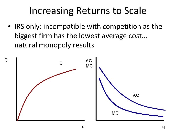 Increasing Returns to Scale • IRS only: incompatible with competition as the biggest firm