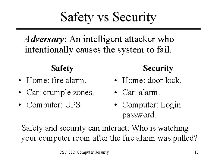 Safety vs Security Adversary: An intelligent attacker who intentionally causes the system to fail.