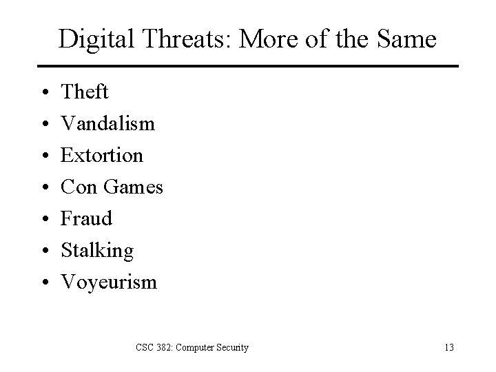 Digital Threats: More of the Same • • Theft Vandalism Extortion Con Games Fraud