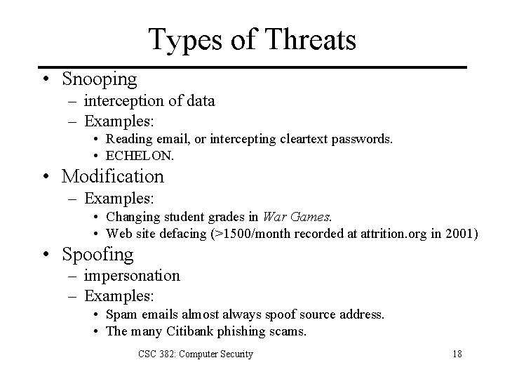 Types of Threats • Snooping – interception of data – Examples: • Reading email,