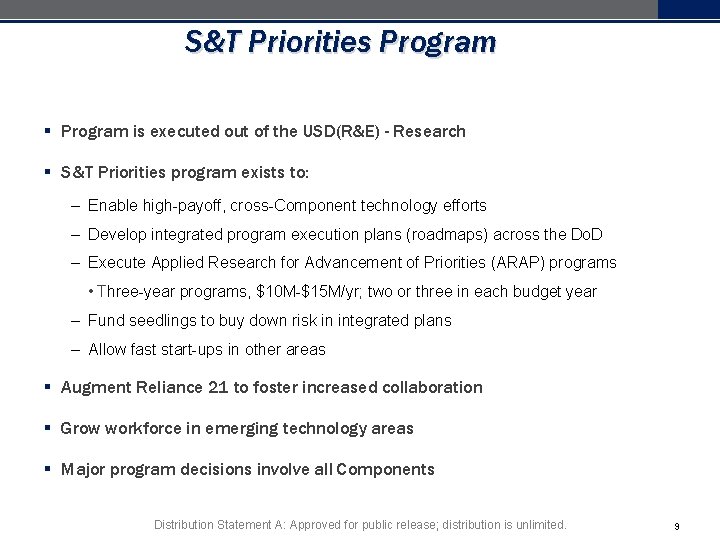 S&T Priorities Program § Program is executed out of the USD(R&E) - Research § S&T Priorities Program § Program is executed out of the USD(R&E) - Research §