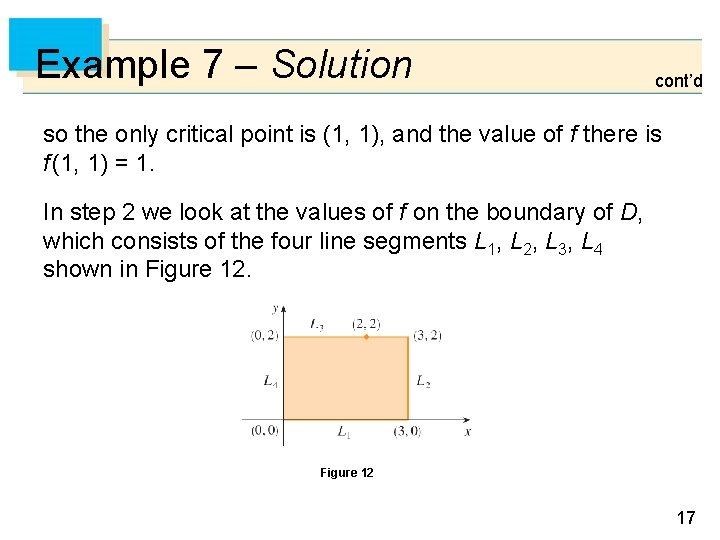 Example 7 – Solution cont’d so the only critical point is (1, 1), and