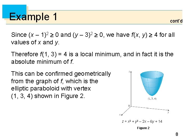 Example 1 cont’d Since (x – 1)2 0 and (y – 3)2 0, we