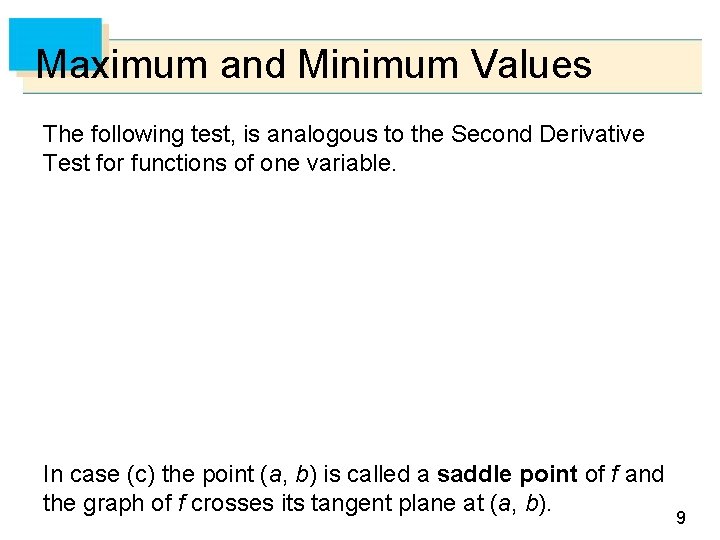 Maximum and Minimum Values The following test, is analogous to the Second Derivative Test