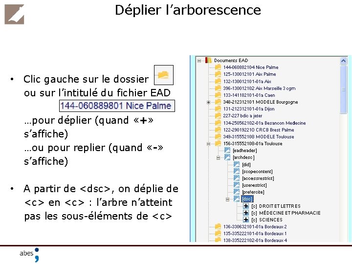 Déplier l’arborescence • Clic gauche sur le dossier ou sur l’intitulé du fichier EAD