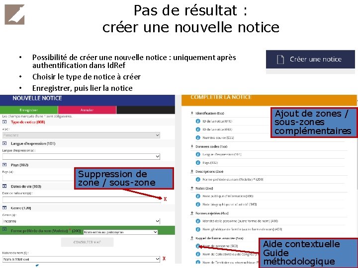 Pas de résultat : créer une nouvelle notice • • • Possibilité de créer