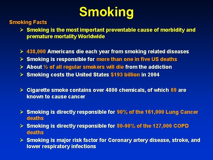 Smoking Facts Ø Smoking is the most important preventable cause of morbidity and premature