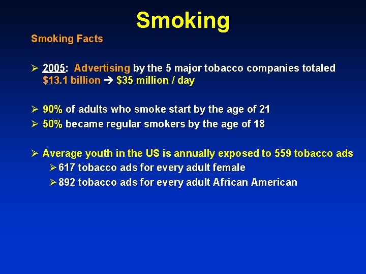 Smoking Facts Smoking Ø 2005: Advertising by the 5 major tobacco companies totaled $13.