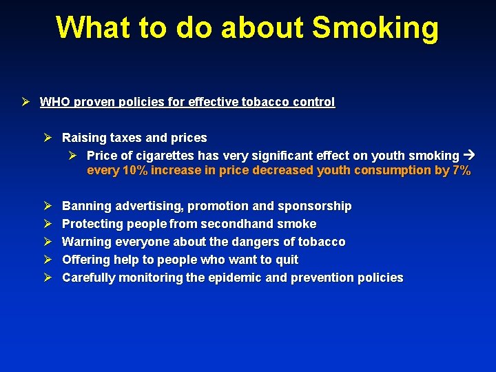 What to do about Smoking Ø WHO proven policies for effective tobacco control Ø