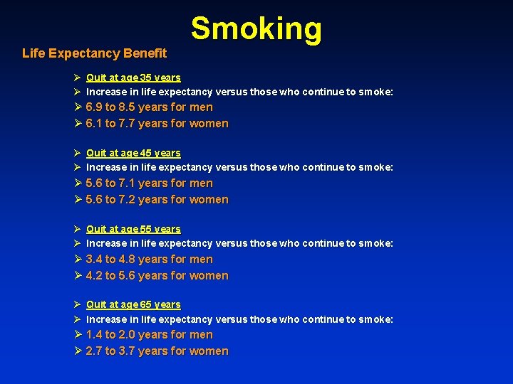 Life Expectancy Benefit Smoking Ø Quit at age 35 years Ø Increase in life