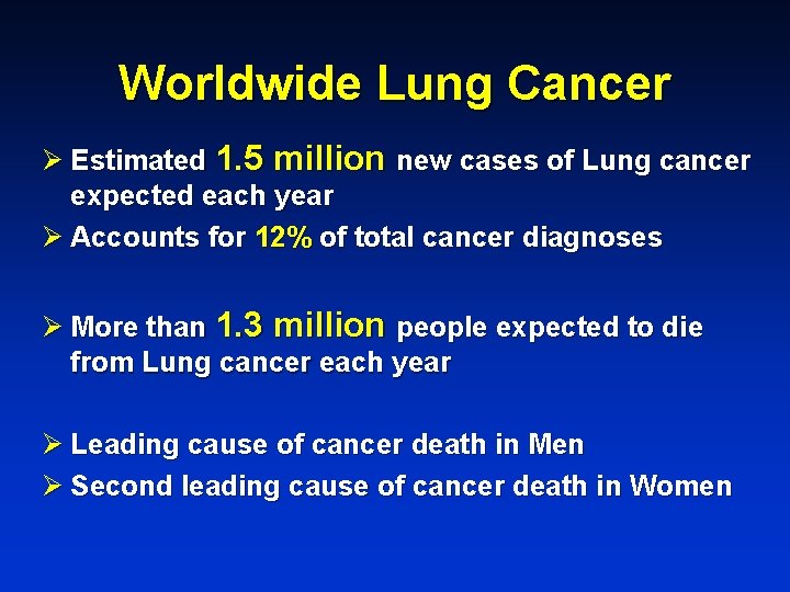 Worldwide Lung Cancer Ø Estimated 1. 5 million new cases of Lung cancer expected