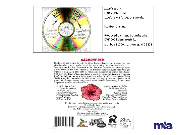 Label reads: HARMONY DEM …before we forget the words. [contents listing] Produced by Island