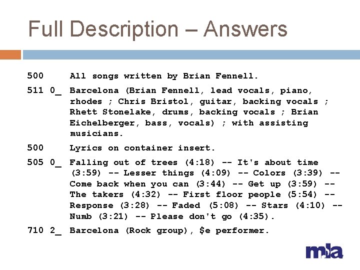 Full Description – Answers 500 All songs written by Brian Fennell. 511 0_ Barcelona