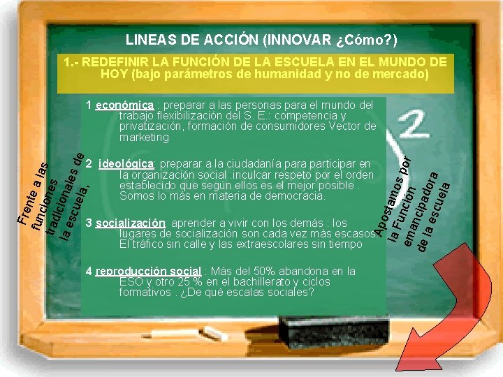 LINEAS DE ACCIÓN (INNOVAR ¿Cómo? ) 1. - REDEFINIR LA FUNCIÓN DE LA ESCUELA