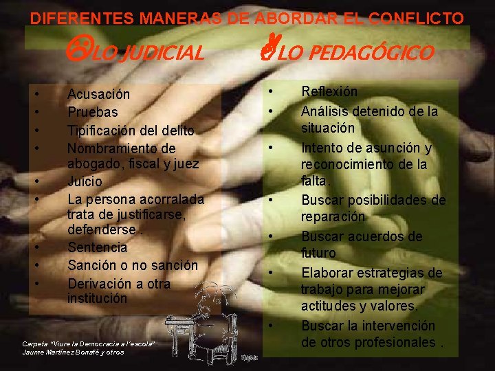 DIFERENTES MANERAS DE ABORDAR EL CONFLICTO LLO JUDICIAL • • • Acusación Pruebas Tipificación