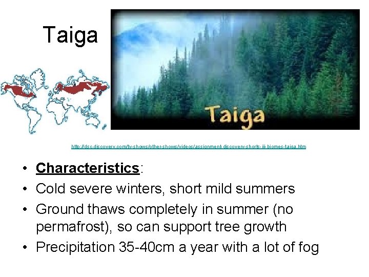 Taiga http: //dsc. discovery. com/tv-shows/other-shows/videos/assignment-discovery-shorts-iii-biomes-taiga. htm • Characteristics: • Cold severe winters, short mild