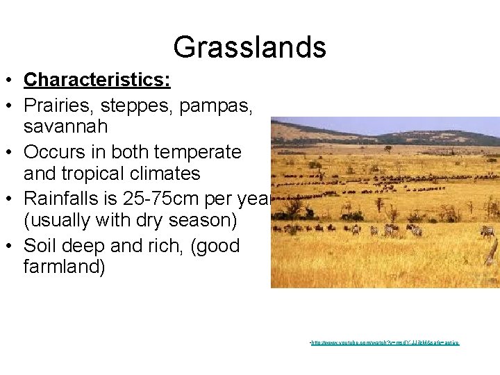 Grasslands • Characteristics: • Prairies, steppes, pampas, savannah • Occurs in both temperate and