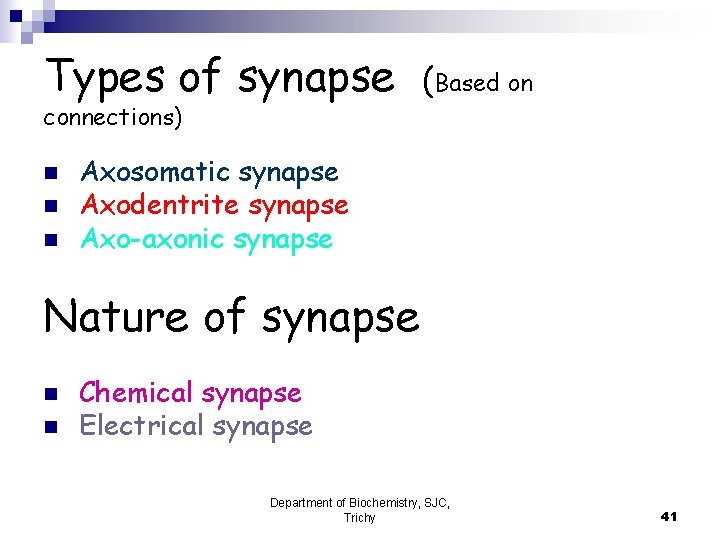 Types of synapse connections) n n n (Based on Axosomatic synapse Axodentrite synapse Axo-axonic