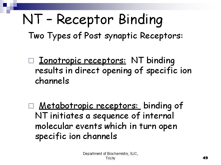 NT – Receptor Binding Two Types of Post synaptic Receptors: ¨ Ionotropic receptors: NT