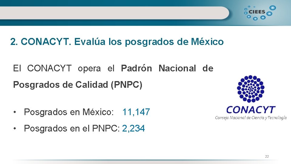 2. CONACYT. Evalúa los posgrados de México El CONACYT opera el Padrón Nacional de