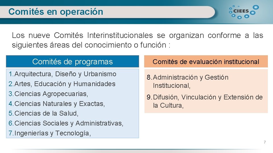 Comités en operación Los nueve Comités Interinstitucionales se organizan conforme a las siguientes áreas