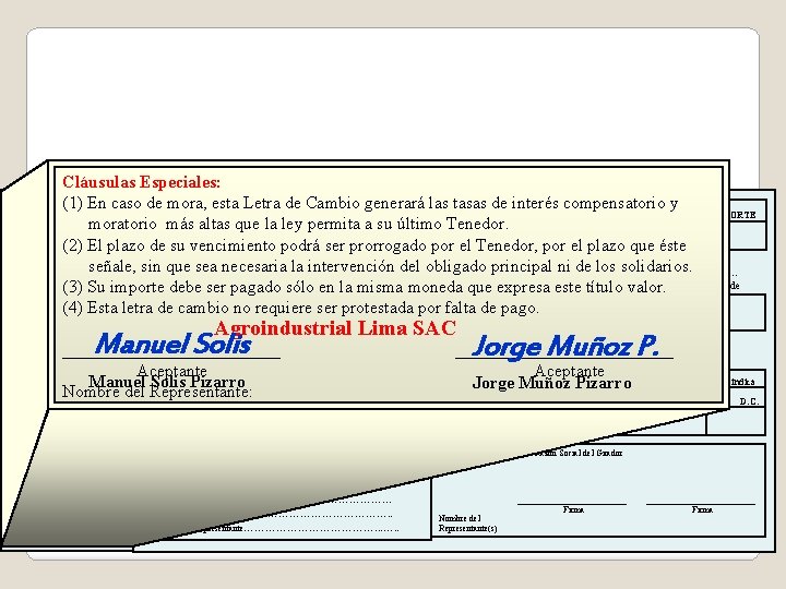 _____________ Aceptante Cláusulas Especiales: (1) En caso de mora, esta Letra de Cambio generará