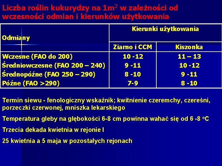 Liczba roślin kukurydzy na 1 m 2 w zależności od wczesności odmian i kierunków Liczba roślin kukurydzy na 1 m 2 w zależności od wczesności odmian i kierunków