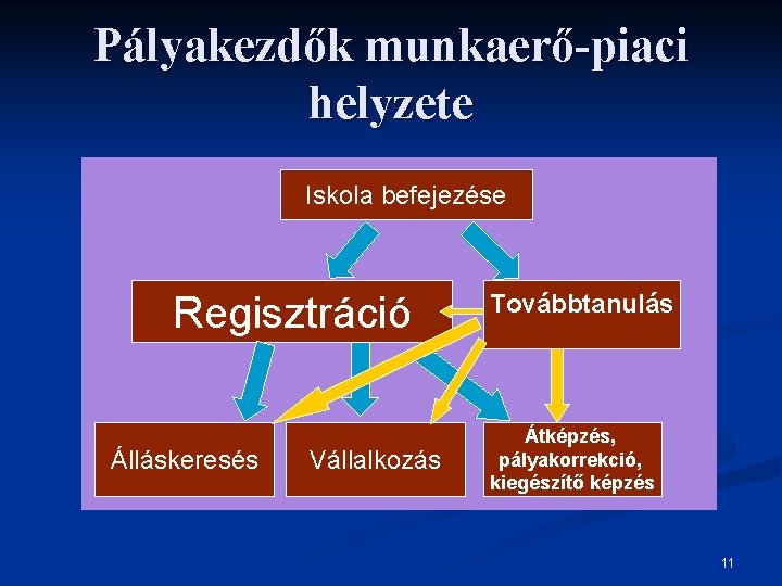 Pályakezdők munkaerő-piaci helyzete Iskola befejezése Regisztráció Álláskeresés Vállalkozás Továbbtanulás Átképzés, pályakorrekció, kiegészítő képzés 11