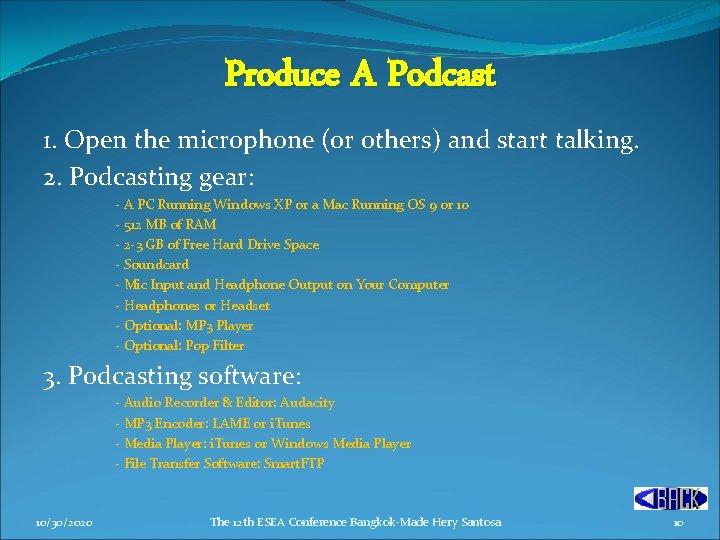 Produce A Podcast 1. Open the microphone (or others) and start talking. 2. Podcasting