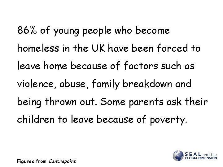 86% of young people who become homeless in the UK have been forced to