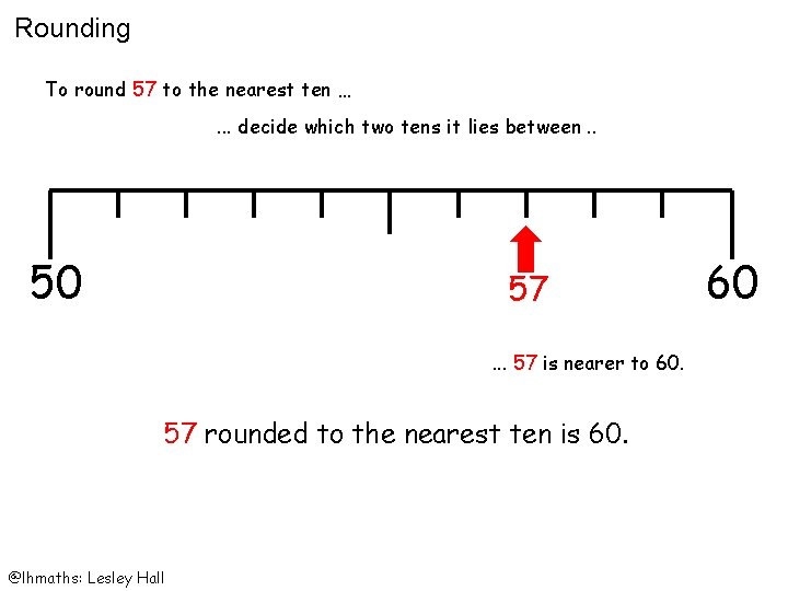 Rounding To round 57 to the nearest ten …. . . decide which two
