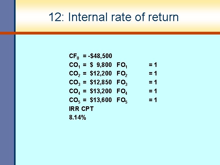 12: Internal rate of return CF 0 = -$48, 500 CO 1 = $ 12: Internal rate of return CF 0 = -$48, 500 CO 1 = $