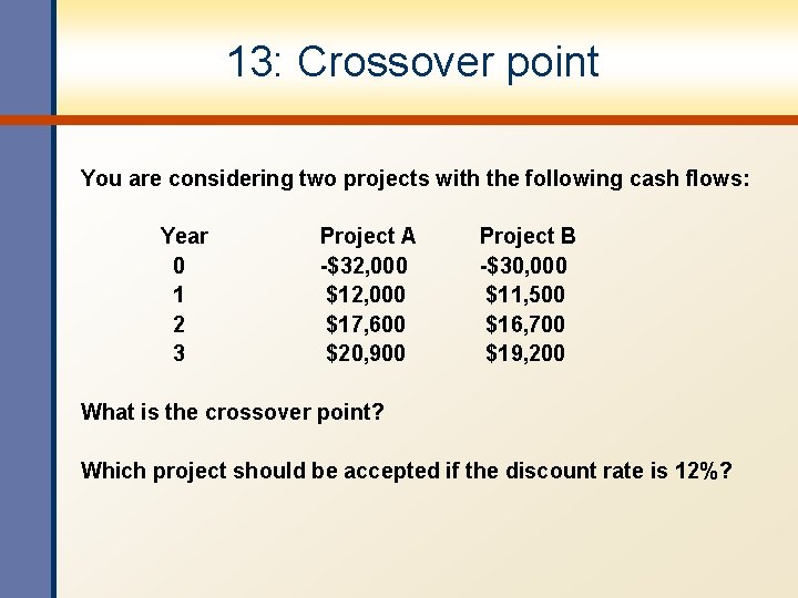 13: Crossover point You are considering two projects with the following cash flows: Year 13: Crossover point You are considering two projects with the following cash flows: Year