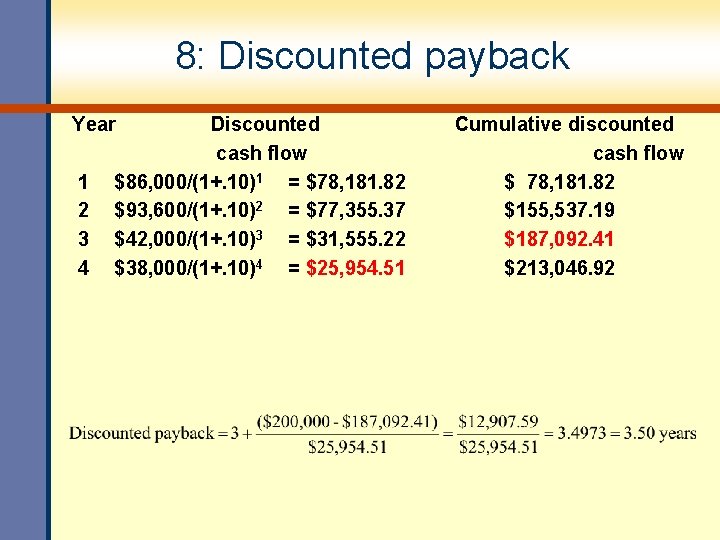 8: Discounted payback Year 1 2 3 4 Discounted cash flow $86, 000/(1+. 10)1 8: Discounted payback Year 1 2 3 4 Discounted cash flow $86, 000/(1+. 10)1