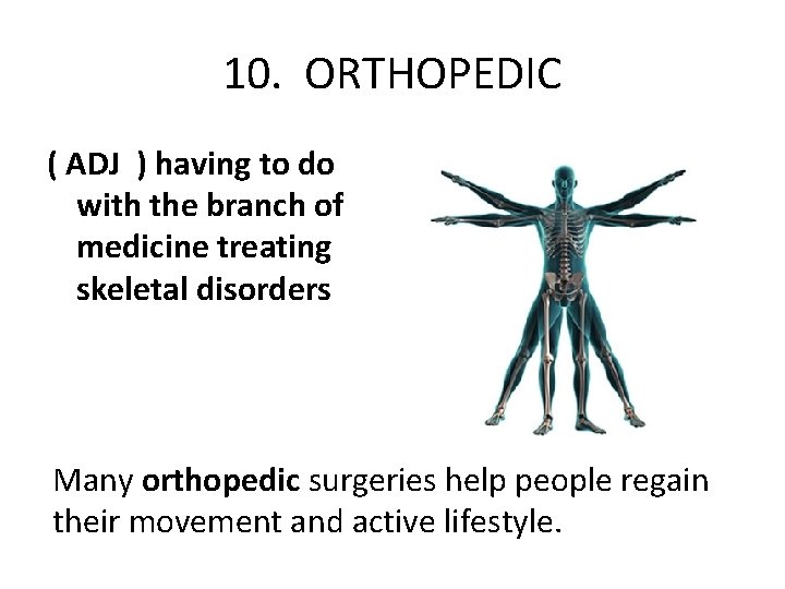 10. ORTHOPEDIC ( ADJ ) having to do with the branch of medicine treating