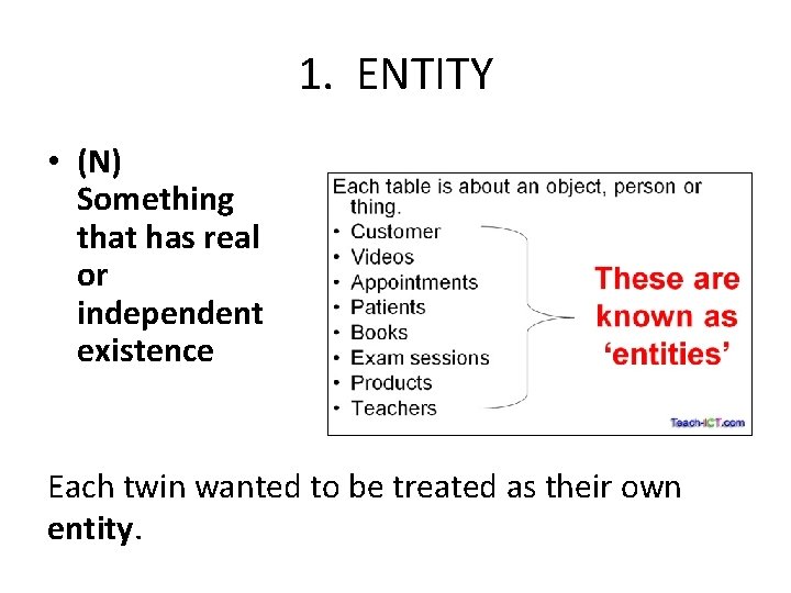 1. ENTITY • (N) Something that has real or independent existence Each twin wanted