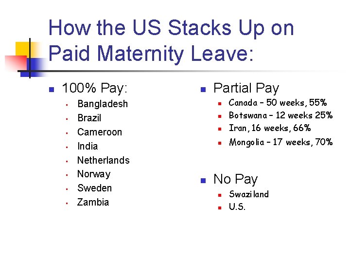 How the US Stacks Up on Paid Maternity Leave: n 100% Pay: • •