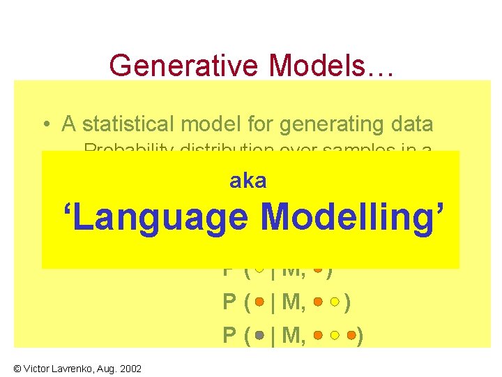 Generative Models… • A statistical model for generating data – Probability distribution over samples