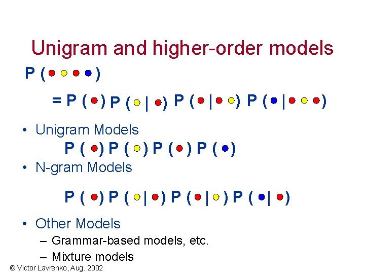 Unigram and higher-order models P( ) =P( )P( | ) P( | • Unigram