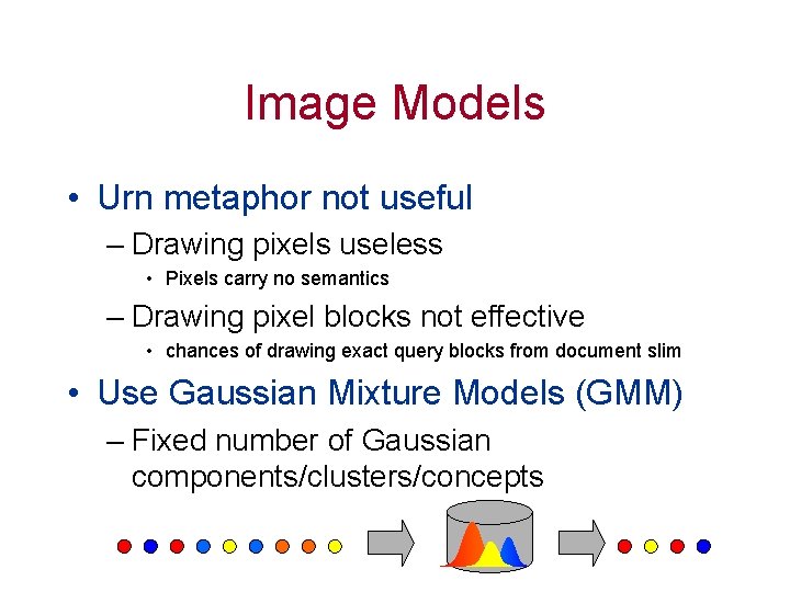 Image Models • Urn metaphor not useful – Drawing pixels useless • Pixels carry