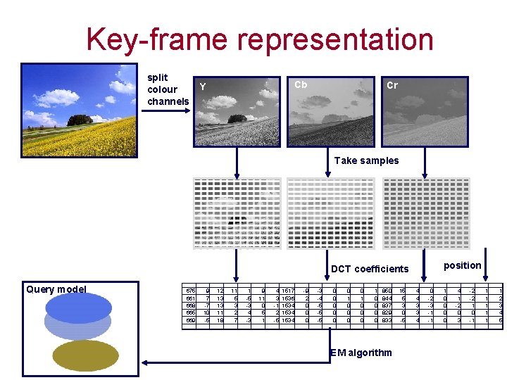 Key-frame representation split Y colour channels Cb Cr Take samples position DCT coefficients Query